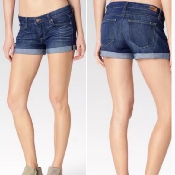 PAIGE Dark Wash Denim Cuffed Mini Shorts Size 27 - Picture 1 of 9